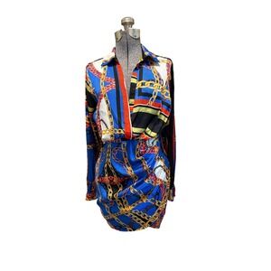 Steps New York Mini Blue Chain Print Ruched Surplice Dress Women Small Excellent